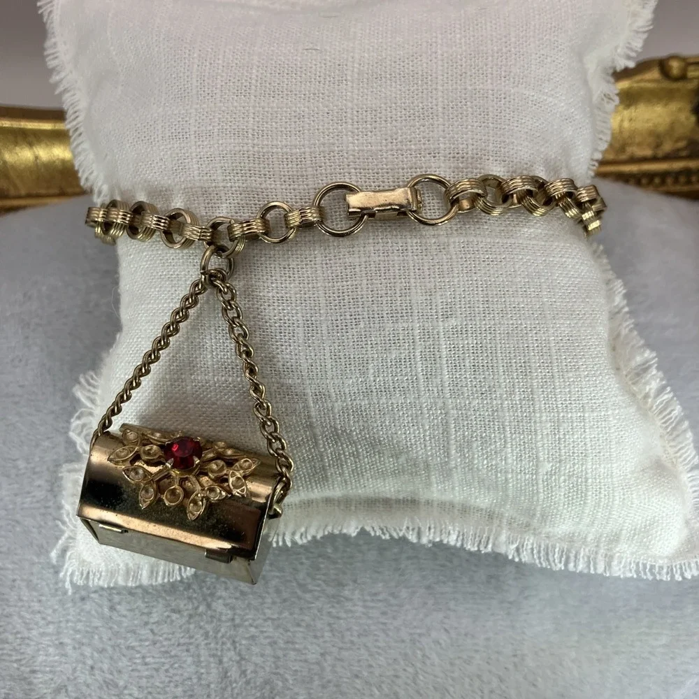 Vintage Charm Bracelet Red Crystal Treasure Chest Opens Whimsical Kitschy Quirky